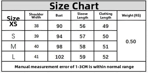 Size chart for sequin jacket showing shoulder, bust, sleeve, and length measurements in cm