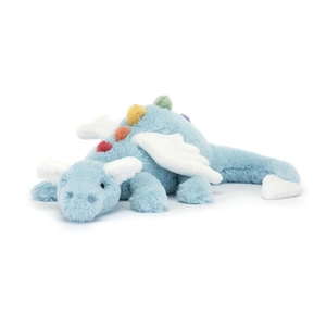 Soft light blue plush dragon toy with colorful spines and white wings on white backdrop