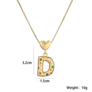 Detailed size view of gold 18K plated letter D pendant with multi-color zircon stones