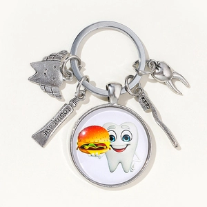 Tooth Keychain Alloy Glass Silver Toothbrush Toothpaste Pendants Dental Theme Gift For Dentist