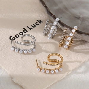 French Vintage C-Shaped Earrings Stainless Steel With Faux Artificial Pearl And Zircon For Women Elegant Double Layer Design