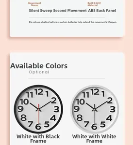 Detail view of silent sweeping movement and durable ABS back panel for 12-inch wall clock
