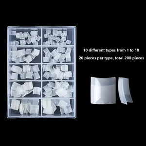 Detailed set of 200pcs clear French half-cover nail tips in a transparent storage box