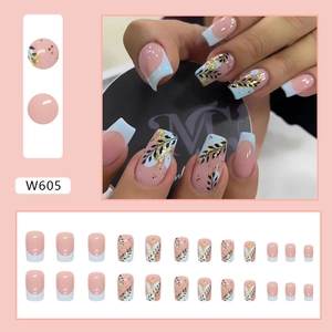 French style press-on nails with gold foil and leaf patterns in a 24-piece set