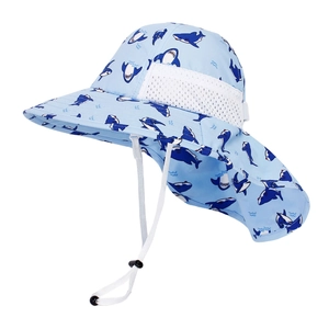 Detail of blue shark print sun hat with breathable mesh and adjustable chin strap