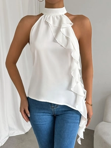 White sleeveless halter neck top with ruffled details and open back for women