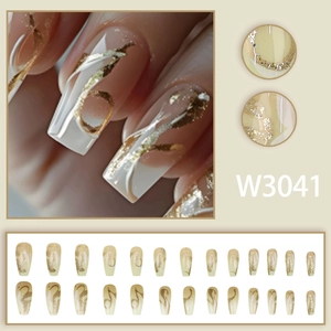 Short French press-on nails with brown marble patterns and gold glitter accents