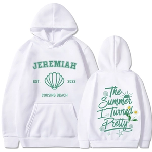 Front and back detail of white Jeremiah hoodie with green floral and text prints