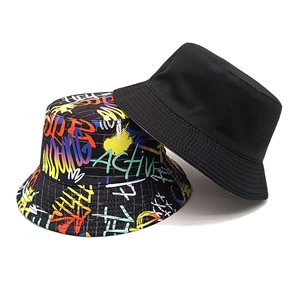 Fashionable cotton bucket hat set featuring black and colorful graffiti pattern design