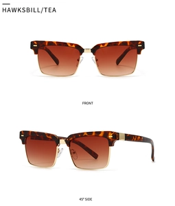 Front and 45-degree side view of vintage semi-rimless sunglasses in tortoiseshell and gold