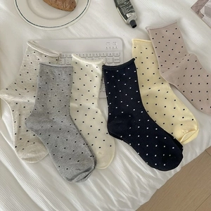Chaussettes Mi-Mollet En Coton À Pois Pour Femmes Avec Bord Roulé Orteils Sans Couture Casual Preppy