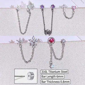 316L Stainless Steel Rhinestone Chain Cartilage Stud Earring For Women Men Butterfly Spider Heart Star Screw Back Jewelry
