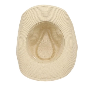 Overhead view of a western cowboy straw hat with detailed natural woven texture
