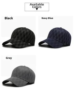 Detailed texture view of stretch baseball caps in black, navy blue, and grey options