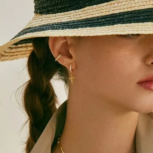 Gold cross drop earrings set with cubic zirconia and minimalist ear cuff for women and men