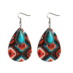 Bohemian teardrop earrings with Aztec geometric patterns and turquoise stone inlay