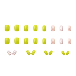 24pcs mustard green and checkered press-on nails with glitter pink accents in short oval shape