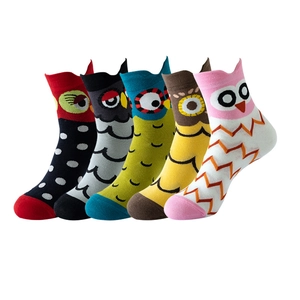 Detailed set of five pairs of cotton socks with colorful cartoon owl patterns on white background