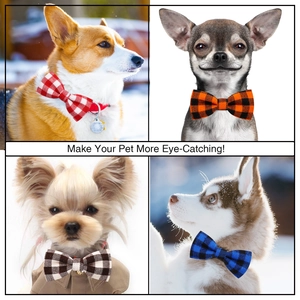 Plaid pet bowtie set for cats and dogs in multiple colors shown on four breeds