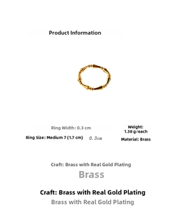 Detailed macro view of bamboo-shaped brass gold plated ring with technical specifications