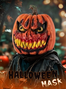 Detailed view of scary Halloween pumpkin mask worn in a dark misty forest setting