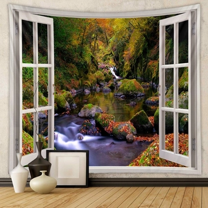 Detail of 3D nature forest scenery tapestry with window view on a minimalist wall