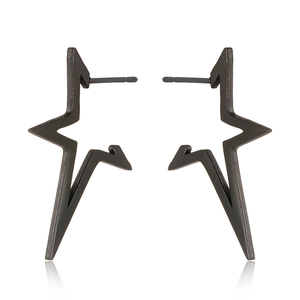 Macro shot of black stainless steel star stud earrings with a sharp punk design