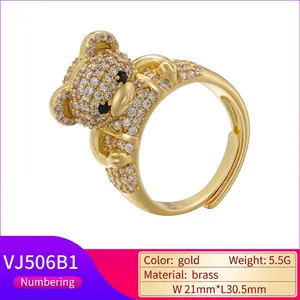 Sparkling gold teddy bear ring with clear zircon micro-paving and adjustable brass band