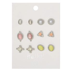 Set of 6 pairs of mini animal earrings with opal and pearls on a white display card