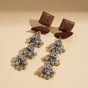 Bohemian square wood and vintage silver bell tassel drop earrings for women