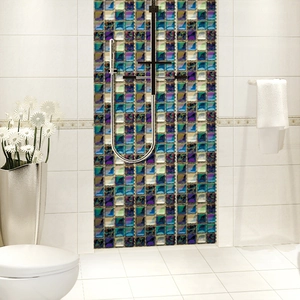 Iridescent glass mosaic tiles for bathroom walls with blue and gold glossy finish