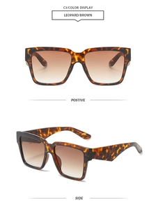 Detail view of square leopard print sunglasses with brown gradient lenses