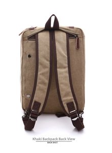 Back view of khaki canvas laptop bag featuring adjustable straps and zipper pocket
