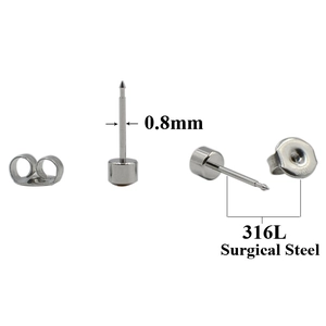 Detailed macro view of 316L surgical steel earrings with 0.8mm needles and butterfly back
