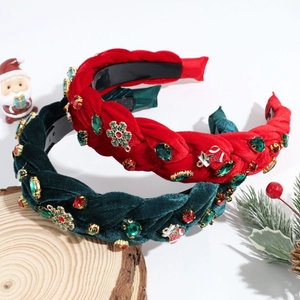 Braided Christmas headbands in red and green velvet with rhinestones and holiday charms