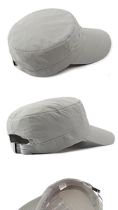Detailed views of gray flat top cap with adjustable strap and 100% polyester fabric