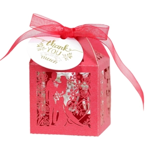 Red laser-cut wedding candy box with Mr & Mrs silhouette, ribbon, and thank you tag
