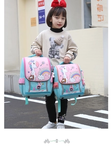 Detail of pink and blue unicorn kids backpack with side mesh pockets and durable straps