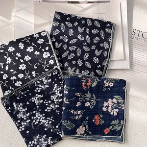 Floral cotton linen square scarves set with vintage floral patterns for women's hair styling