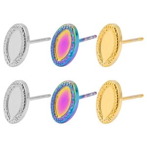 Set of three stainless steel stud earrings in silver, gold, and rainbow metallic finishes