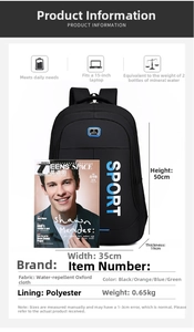 Detailed dimensions of the black Oxford cloth backpack showing 50x35x19cm size specs