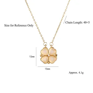 Gold titanium steel necklace with clover cat eye stone pendant including size details