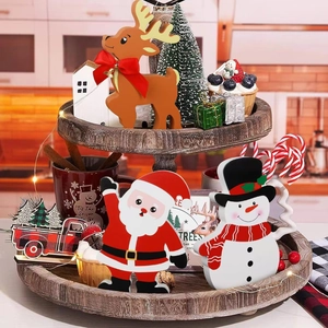 Christmas tiered tray decor set with wooden Santa, reindeer, and snowman figurines
