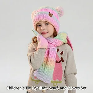 Gorro Bufanda Y Guantes De Punto De Invierno Para Niños Ombre Arcoíris Doble Pompon Orejas De Oso Beanie De Acrílico