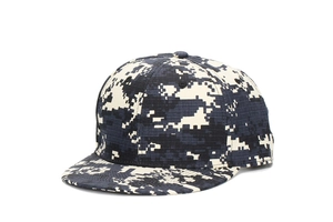 Detailed view of navy and beige digital camouflage pattern on a flat brim baseball cap