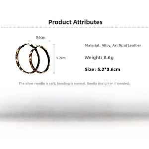 Detail view of 5.2cm leopard print faux leather hoop earrings with silver pins