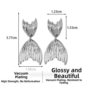 Detailed dimensions of silver mermaid tail steel earrings showing size and weight
