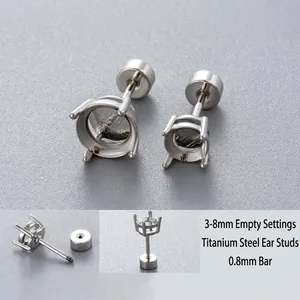 Titanium Steel Earring Stud Settings Four Prong Empty Round Trays For DIY Jewelry Making Screw Back Polished