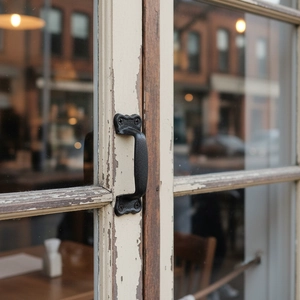 Detailed macro shot of vintage matte black cast iron handle on a rustic wooden door frame