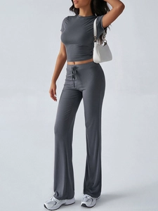 Deep grey women's round neck T-shirt and drawstring wide-leg trousers casual set
